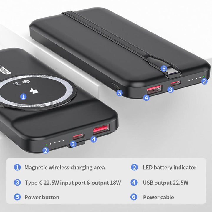 10000mAh large capacity portable magnetic power bank phone charger own data cable - FASTSINYO