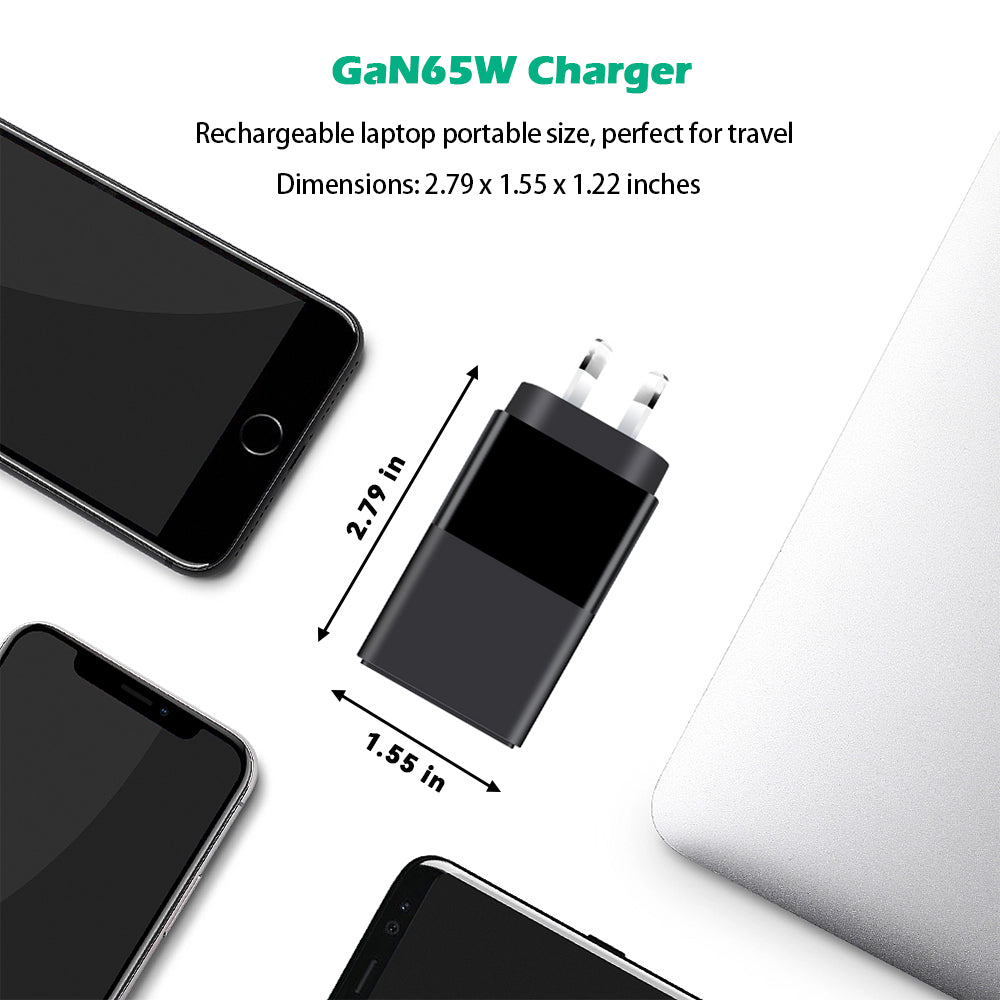 65W GaN USB-C Charger Type C Dual Port + USB Single Port AU Standard ...