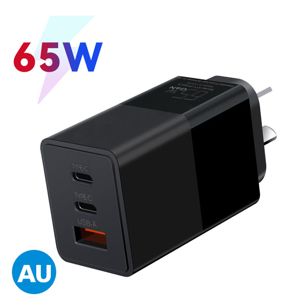 65W GaN USB-C Charger Type C Dual Port + USB Single Port AU Standard