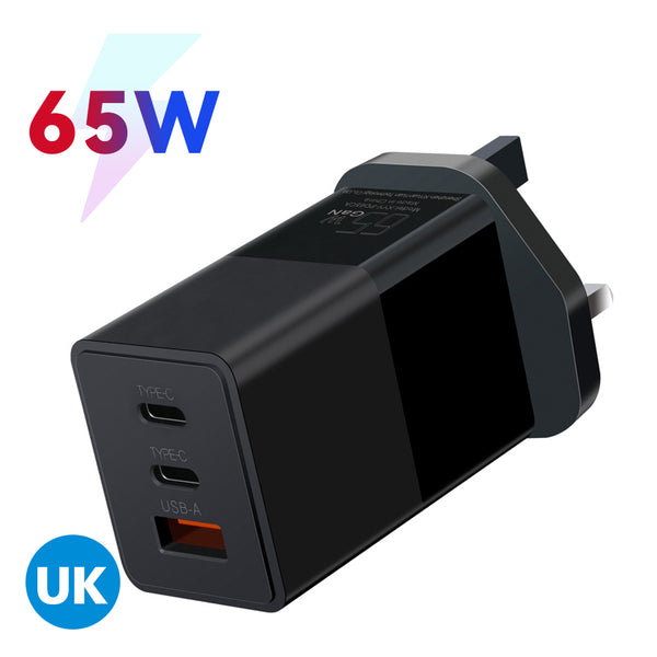 65W GaN USB-C Charger Type C Dual Port + USB Single Port UK Standard