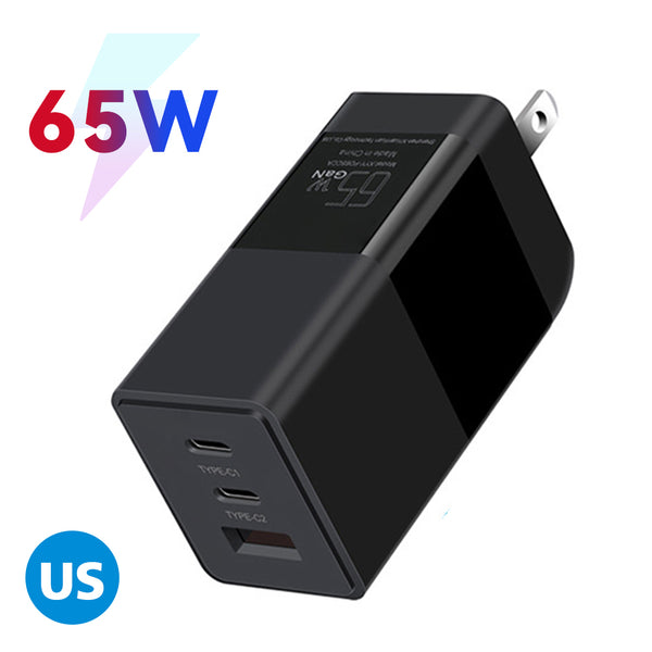 65W GaN USB-C Charger Type C Dual Port + USB Single Port US Standard