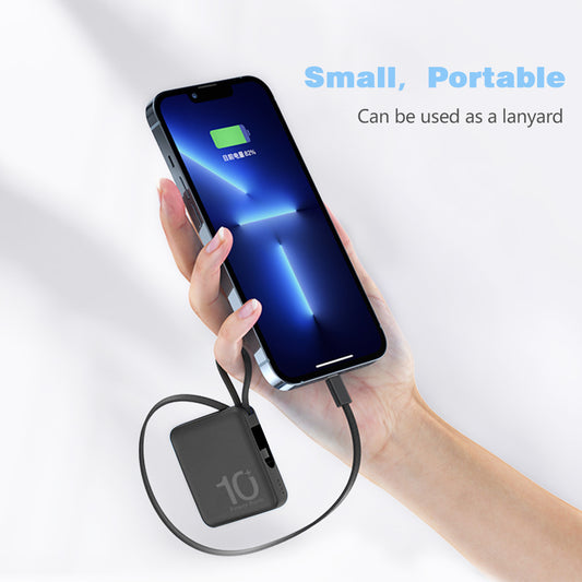 Square Small Portable Power Bank With Built-in Dual Cables