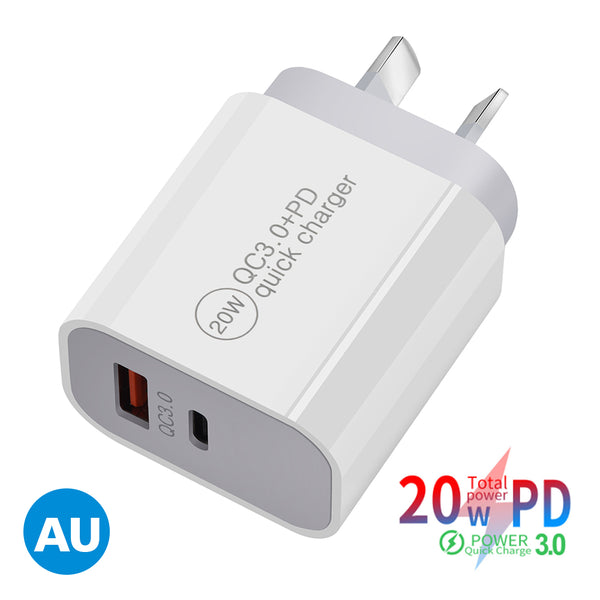 Dual Port 20W PD3.0 + 18W USB QC3.0 Wall Charger Adapter Australia Standard