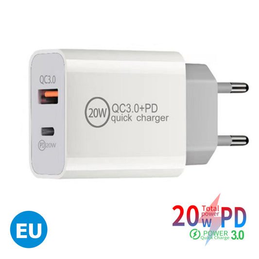 Dual Port 20W PD3.0 + 18W USB QC3.0 Wall Charger Adapter European Standard