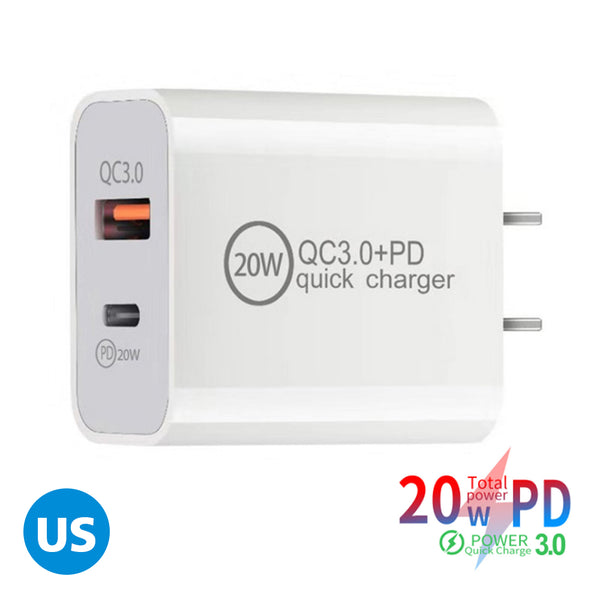 Dual Port 20W PD3.0 + 18W USB QC3.0 Wall Charger Adapter US Standard