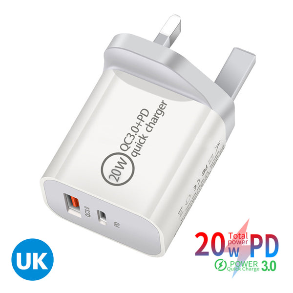 Dual Port 20W PD3.0 + 18W USB QC3.0 Wall Charger Adapter UK Standard