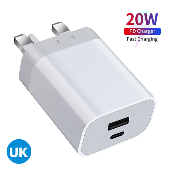 USB Type C QC3.0 PD 20W Fast Charge Wall Dual Port Charger Adapter UK Standard